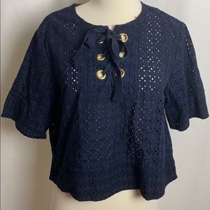 Zara Basic Lace Up Eyelet Crop Top Navy XL